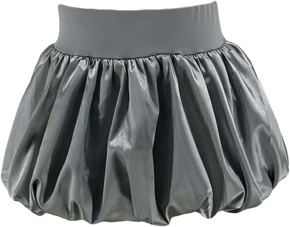 LETSVDO Women's Satin Bubble Mini Skirt Y2k Silk Puffy Ruffle Pleated High Waist A Line Balloon Short Skirts