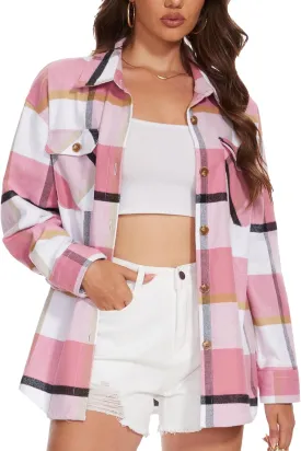 MAGCOMSEN Women's Flannel Plaid Shirts Button Down Long Sleeve Soft Flannel Shacket Loose Fit Casual Blouse Tops