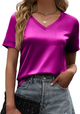 Maysoar Womens Satin Blouses for Women Short Sleeve Shirts V Neck Blouses Summer Casual Tops with Front Pocket