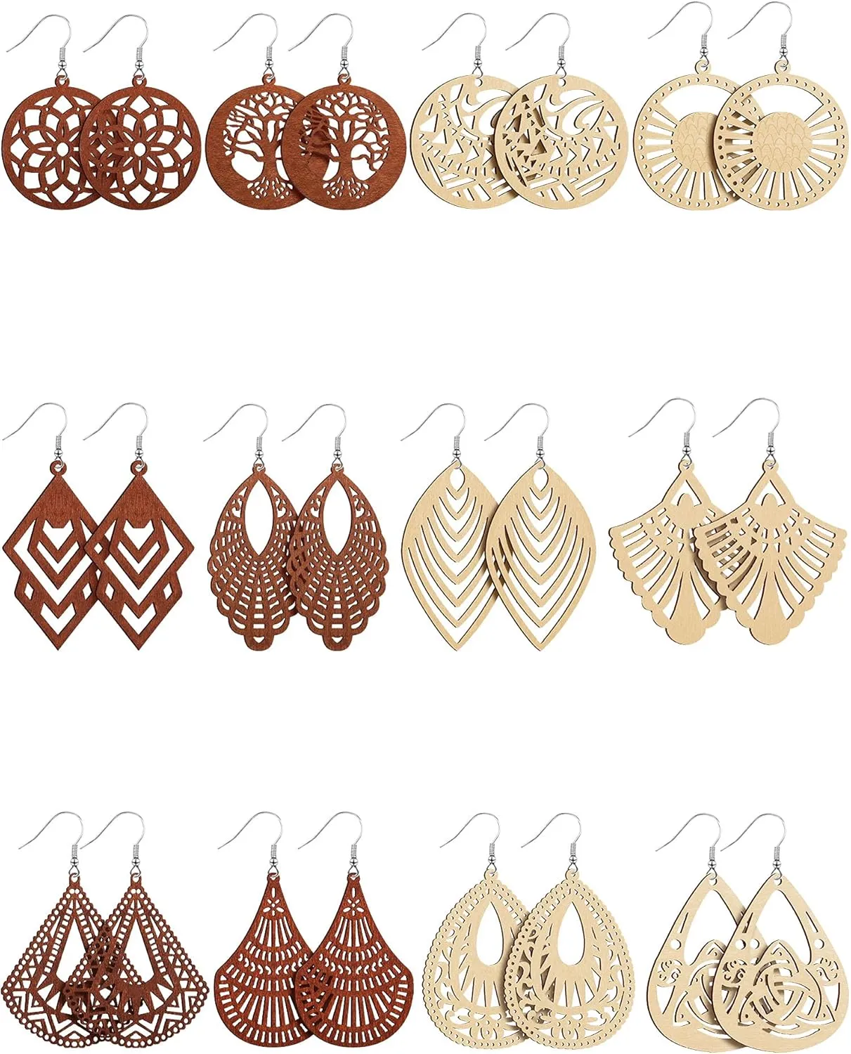 MTLEE 12 Pairs African Wooden Dangle Earrings Lightweight Drop Earrings Bohemian Pendant Jewelry Wooden Ornaments