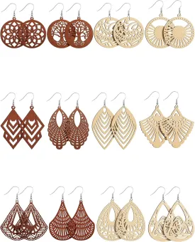 MTLEE 12 Pairs African Wooden Dangle Earrings Lightweight Drop Earrings Bohemian Pendant Jewelry Wooden Ornaments