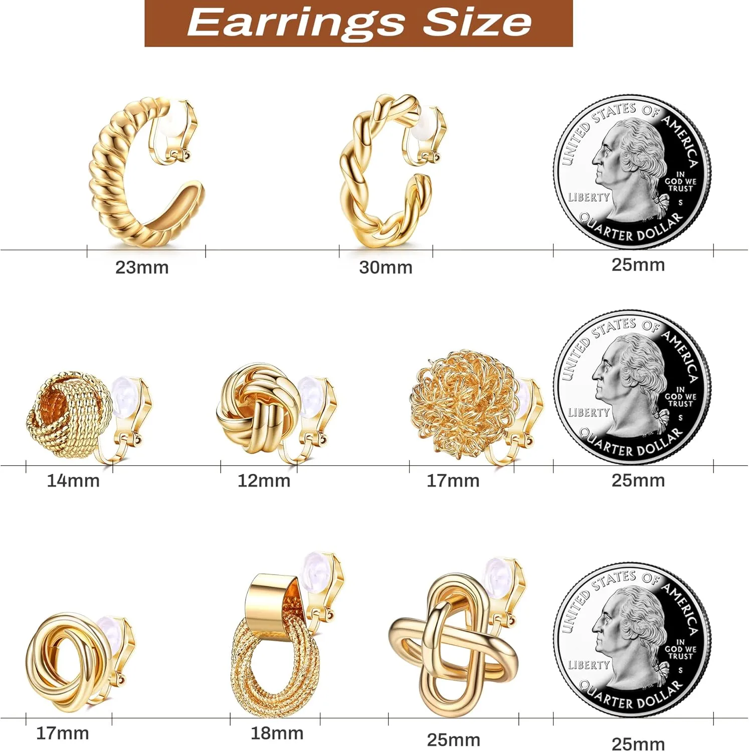 ORAZIO Clip On Earrings Set - 8 Pairs, Gold & Silver Hoops & Studs, Non-Pierced, Fake Earrings