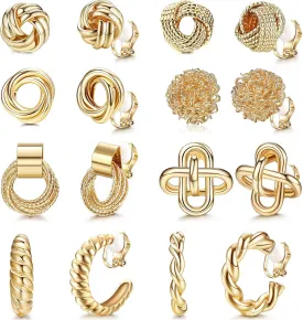 ORAZIO Clip On Earrings Set - 8 Pairs, Gold & Silver Hoops & Studs, Non-Pierced, Fake Earrings