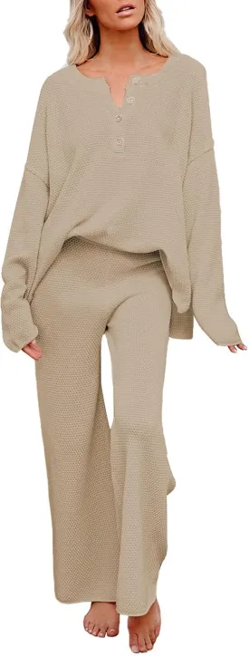Pink Queen Women's 2 Piece Outfit Set Long Sleeve Button Pullover Sweater Top and Wide Leg Pants Knit Sweatsuit