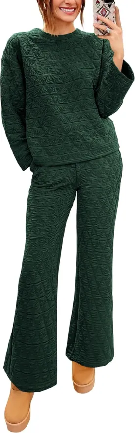 PRETTYGARDEN Women's 2 Piece Outfits Fall Fashion Clothes Quilted Long Sleeve Tops Wide Leg Pants Matching Lounge Sets