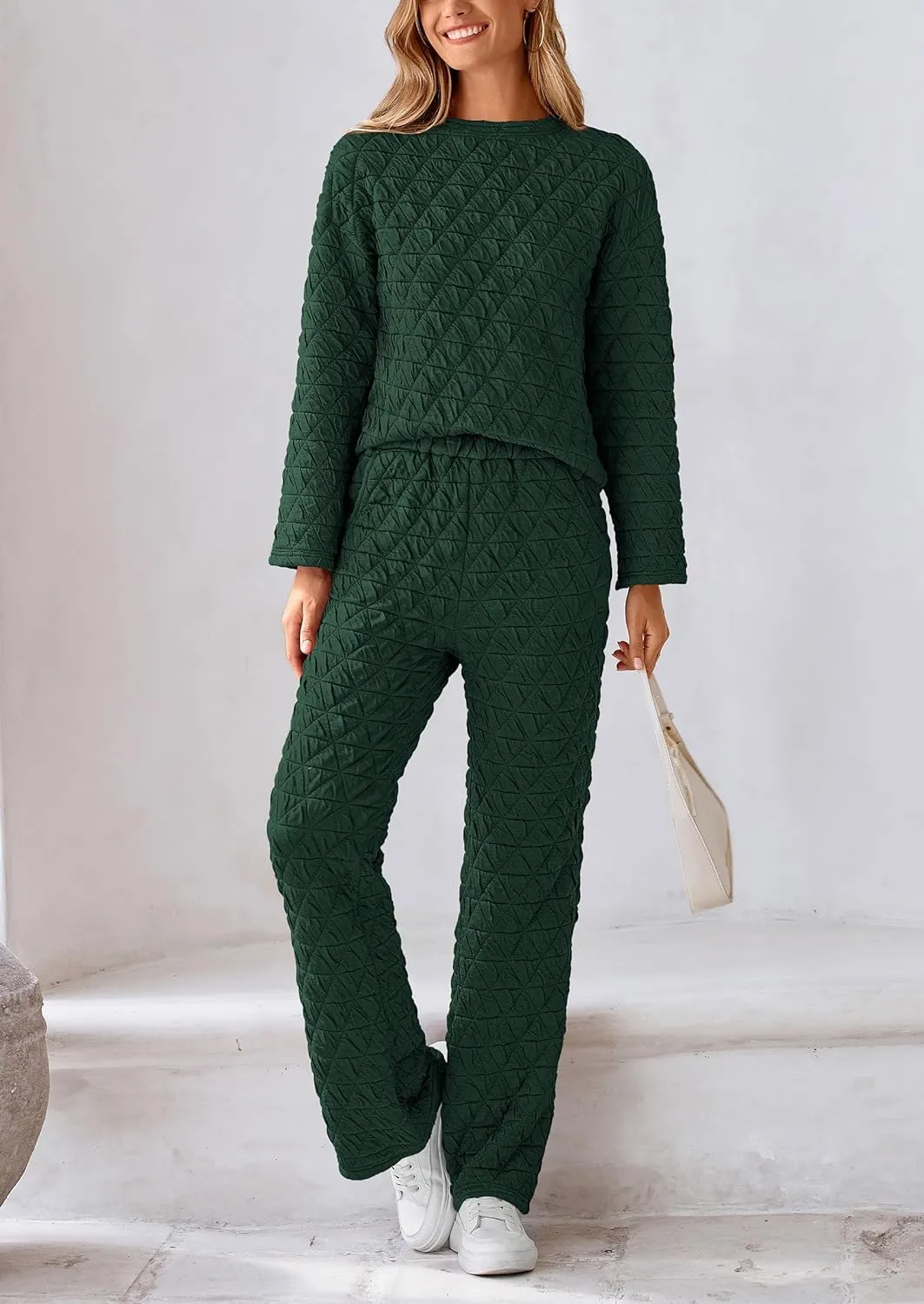 PRETTYGARDEN Women's 2 Piece Outfits Fall Fashion Clothes Quilted Long Sleeve Tops Wide Leg Pants Matching Lounge Sets