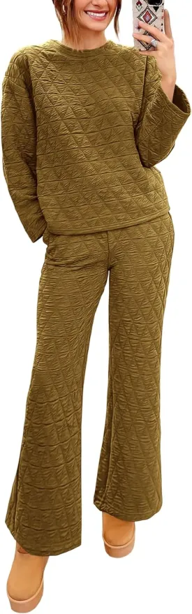 PRETTYGARDEN Women's 2 Piece Outfits Fall Fashion Clothes Quilted Long Sleeve Tops Wide Leg Pants Matching Lounge Sets