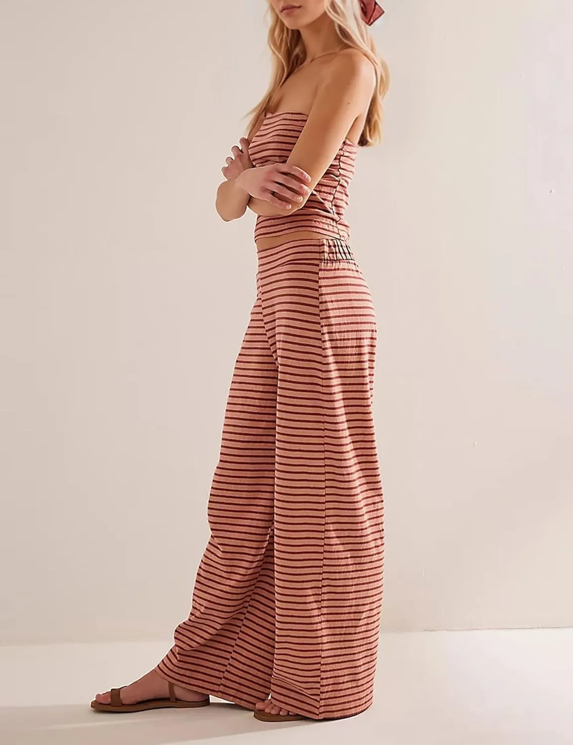 SAFRISIOR Summer 2 Piece Sets Strapless Crop Tube Top Striped Wide Leg Lounge Pants Matching Beach Bandeau Pajama Set