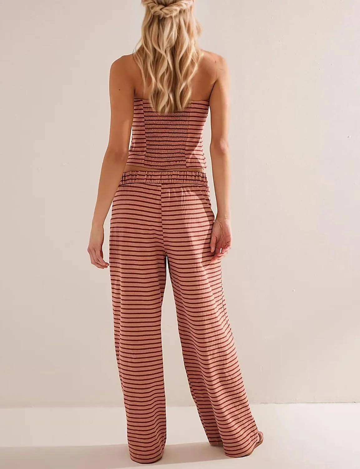 SAFRISIOR Summer 2 Piece Sets Strapless Crop Tube Top Striped Wide Leg Lounge Pants Matching Beach Bandeau Pajama Set
