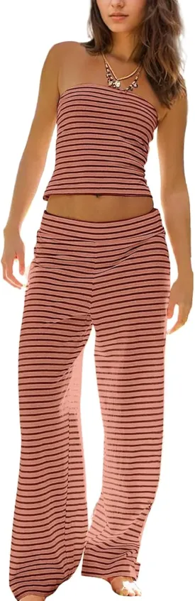 SAFRISIOR Summer 2 Piece Sets Strapless Crop Tube Top Striped Wide Leg Lounge Pants Matching Beach Bandeau Pajama Set