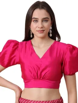 Satin Readymade Saree Blouse Piece V-Neck Puff Sleeves Elastic Closure Top Choli For Women