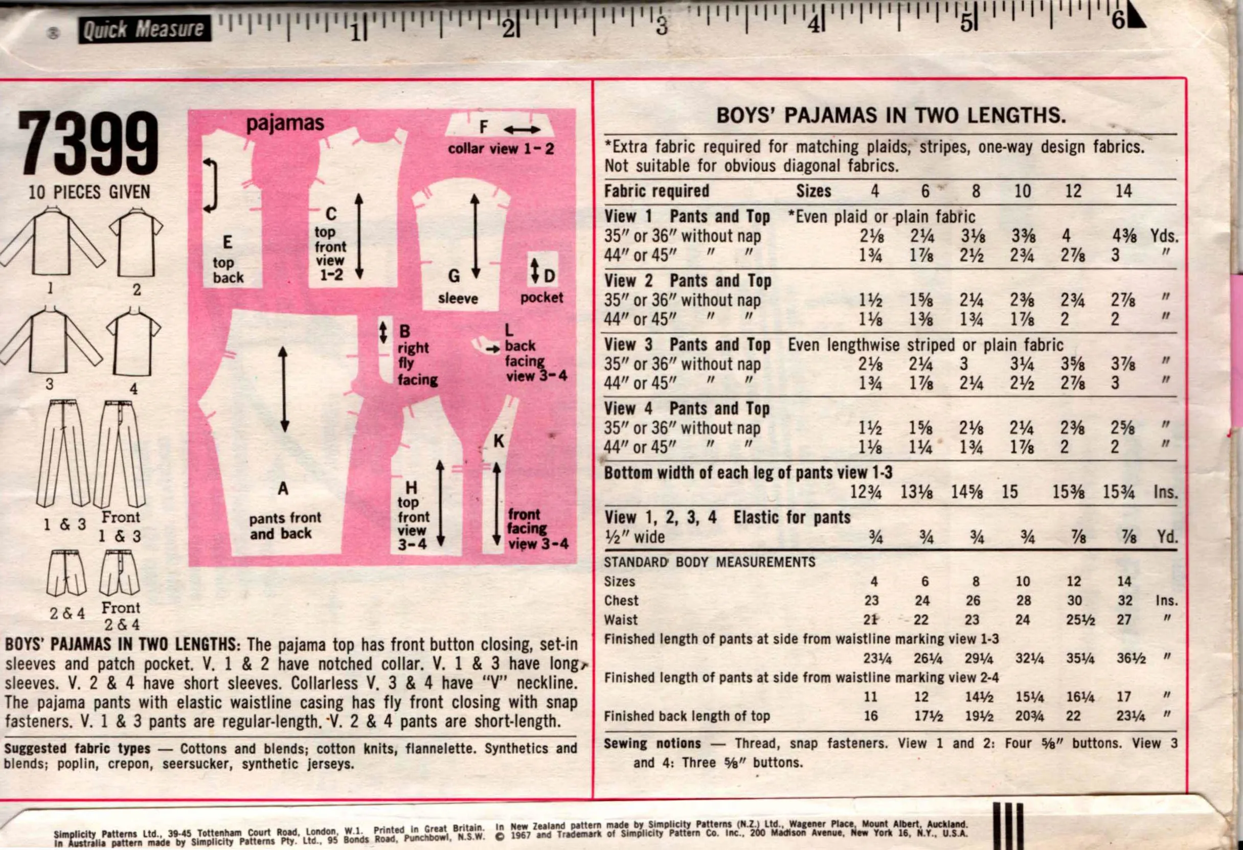 Simplicity 7399 Boys Classic Pajamas 1960s Vintage Sewing Pattern Size 6