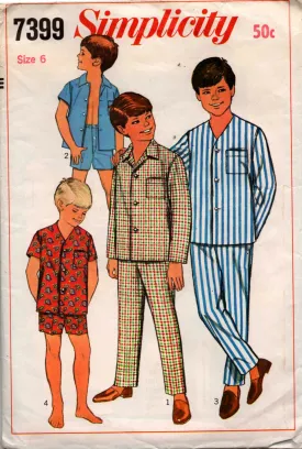 Simplicity 7399 Boys Classic Pajamas 1960s Vintage Sewing Pattern Size 6