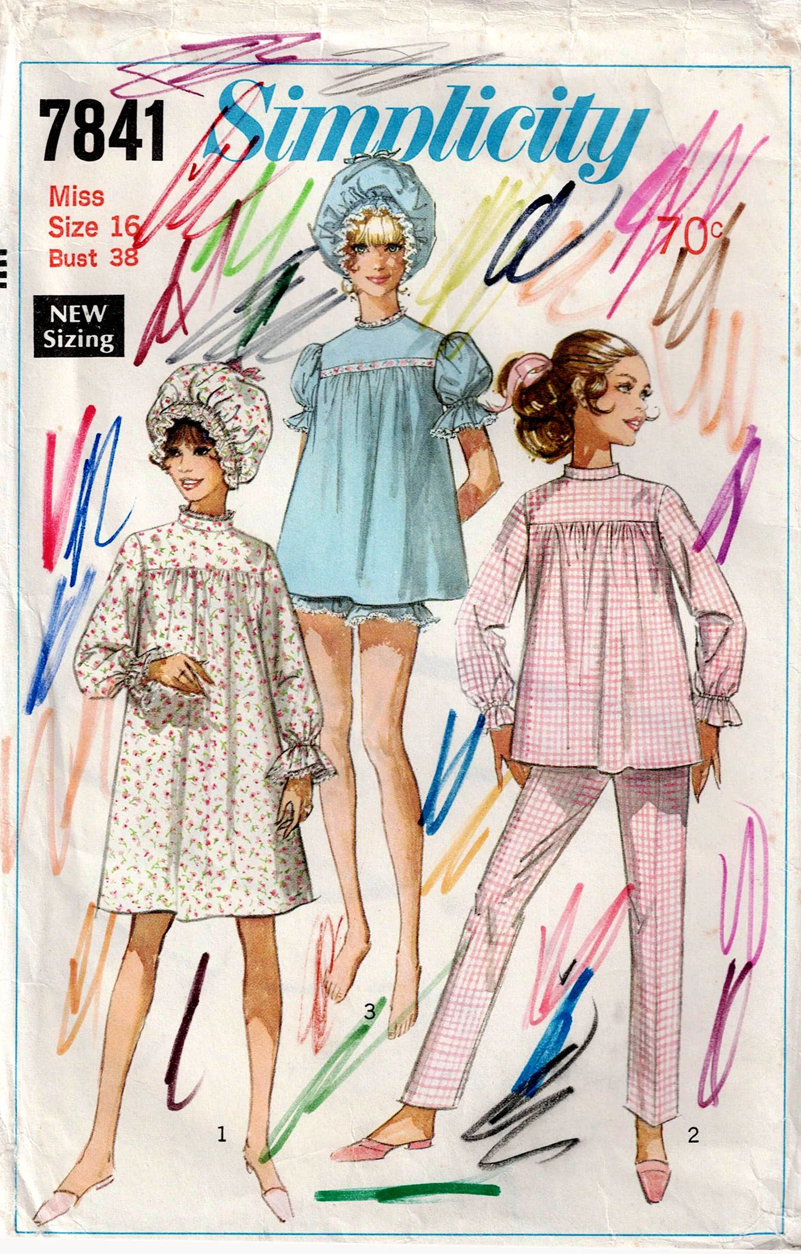 Simplicity 7841 Womens Pyjamas Nightgown & Curler Cap 1960s Vintage Sewing Pattern Size 16 Bust 38 inches