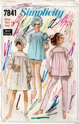Simplicity 7841 Womens Pyjamas Nightgown & Curler Cap 1960s Vintage Sewing Pattern Size 16 Bust 38 inches