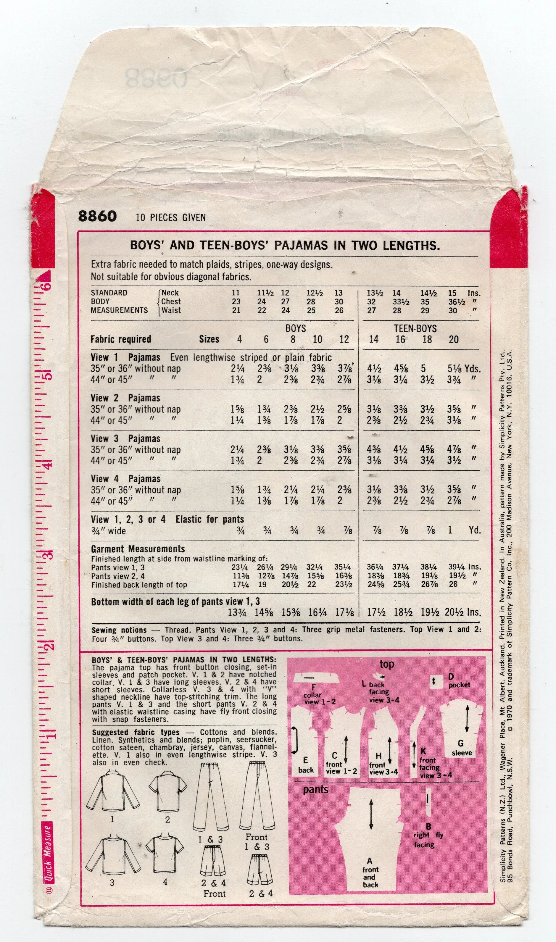 Simplicity 8860 Boys Pajamas in 2 Styles and 2 Lengths 1970s Vintage Sewing Pattern Size 6
