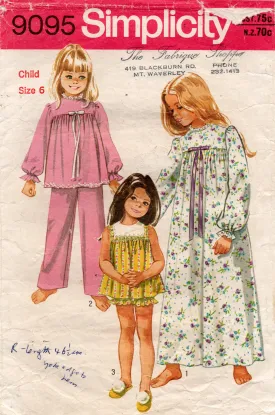 Simplicity 9095 Girls Babydoll Nightgown & Pajamas 1970s Vintage sewing pattern Size 6