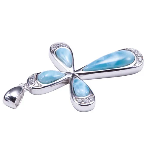 Sterling Silver Cross with Larimar Inlay CZ Pendant (Chain Sold Separately)