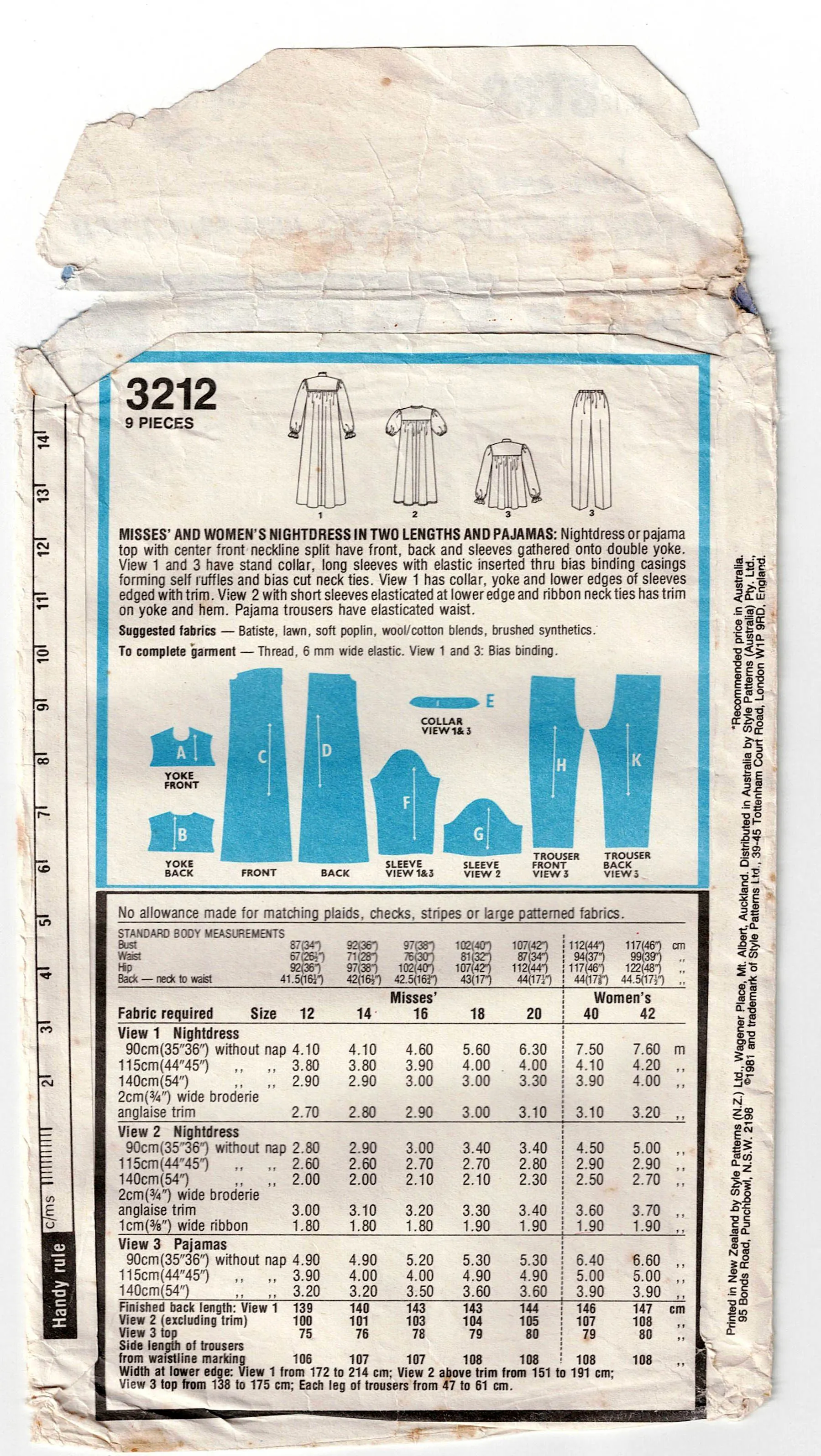 Style 3212 Womens Babydoll Pyjamas & Nightgown 1980s Vintage Sewing Pattern Size 12 Bust 34 inches