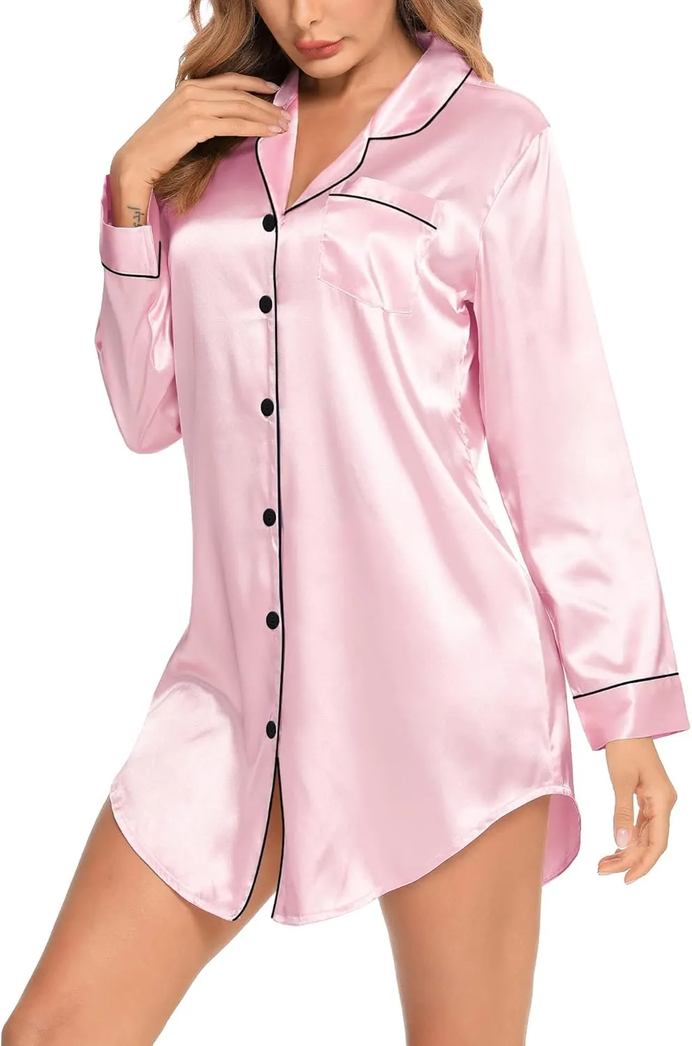 SWOMOG Women's Satin Sleep Shirt Long Sleeve Sleepwear Silk Nightshirt Button Down Pajama Top