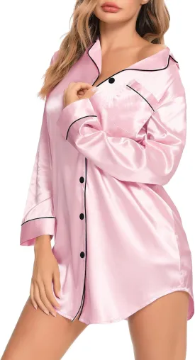 SWOMOG Women's Satin Sleep Shirt Long Sleeve Sleepwear Silk Nightshirt Button Down Pajama Top