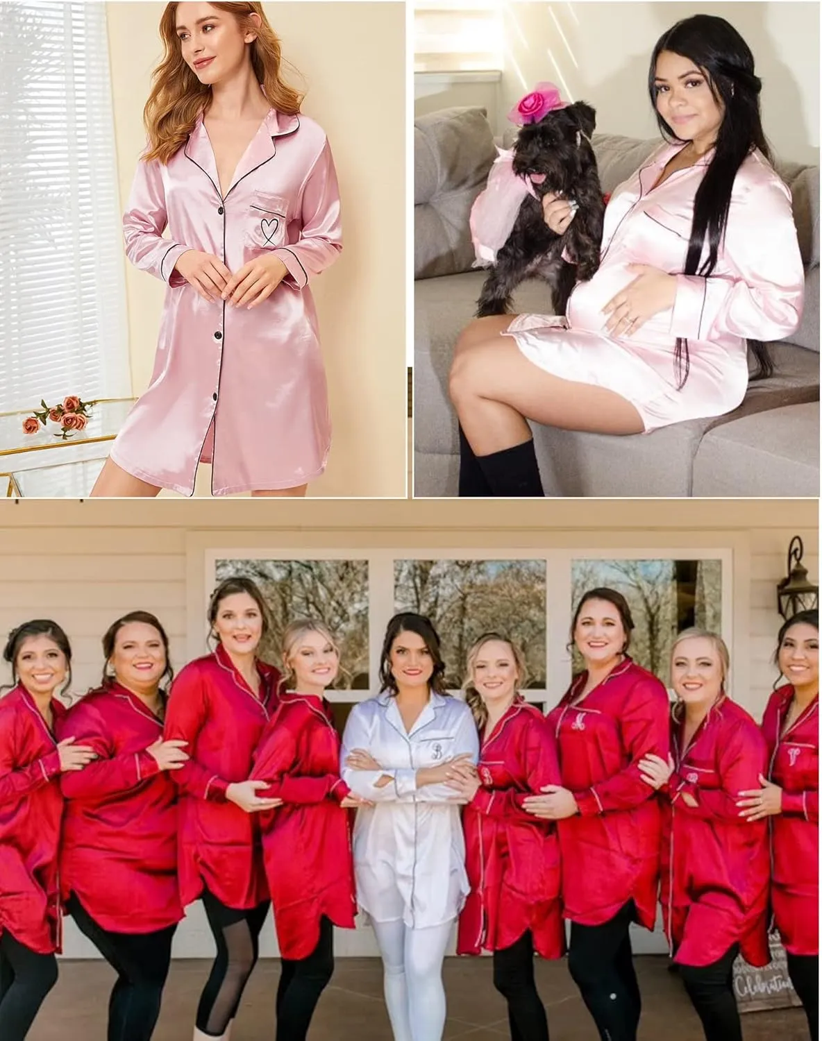 SWOMOG Women's Satin Sleep Shirt Long Sleeve Sleepwear Silk Nightshirt Button Down Pajama Top