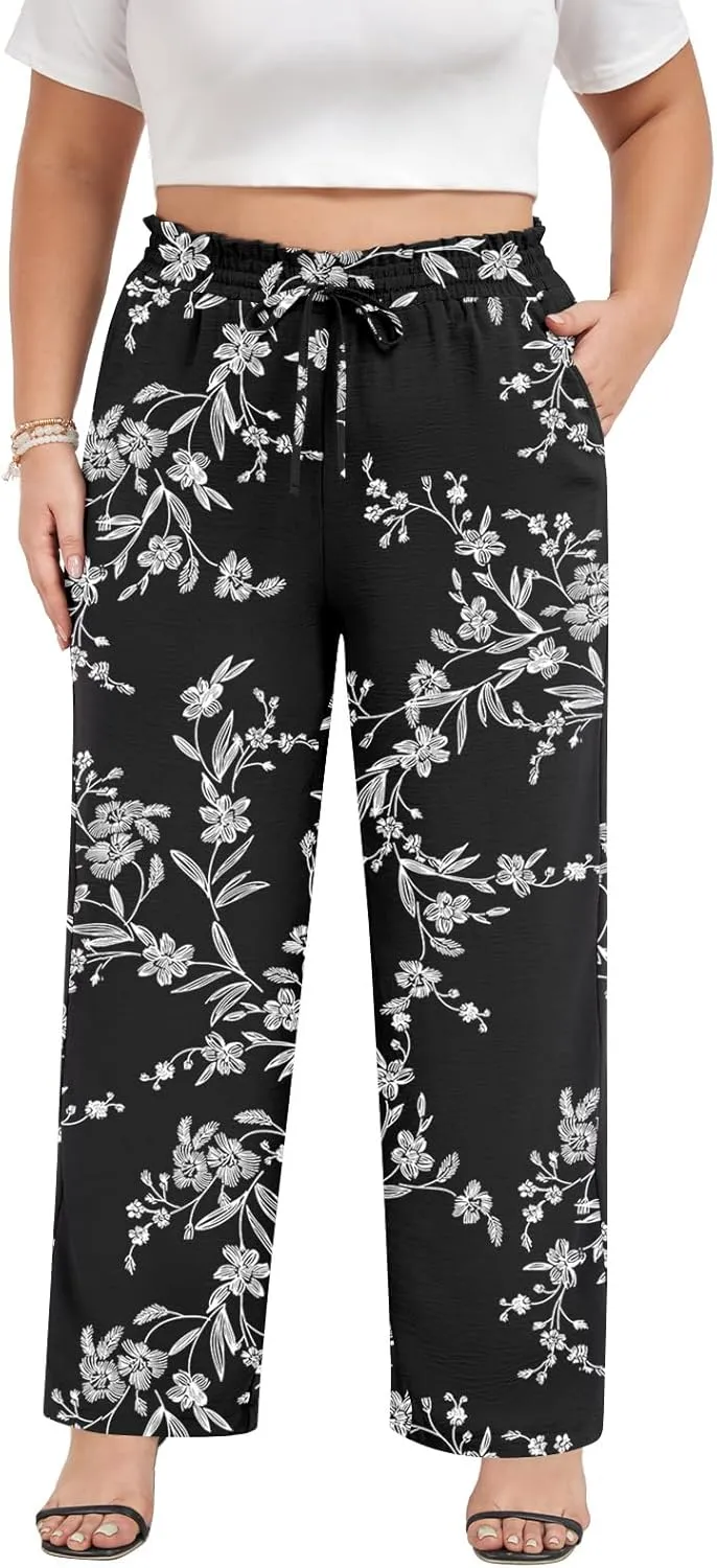 syoss Women's Plus Size Pants High Waist Adjustable Knot Lounge Pants Straight Long Trousers with Pockets