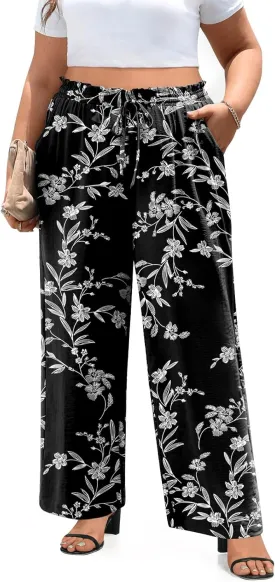 syoss Women's Plus Size Pants High Waist Adjustable Knot Lounge Pants Straight Long Trousers with Pockets
