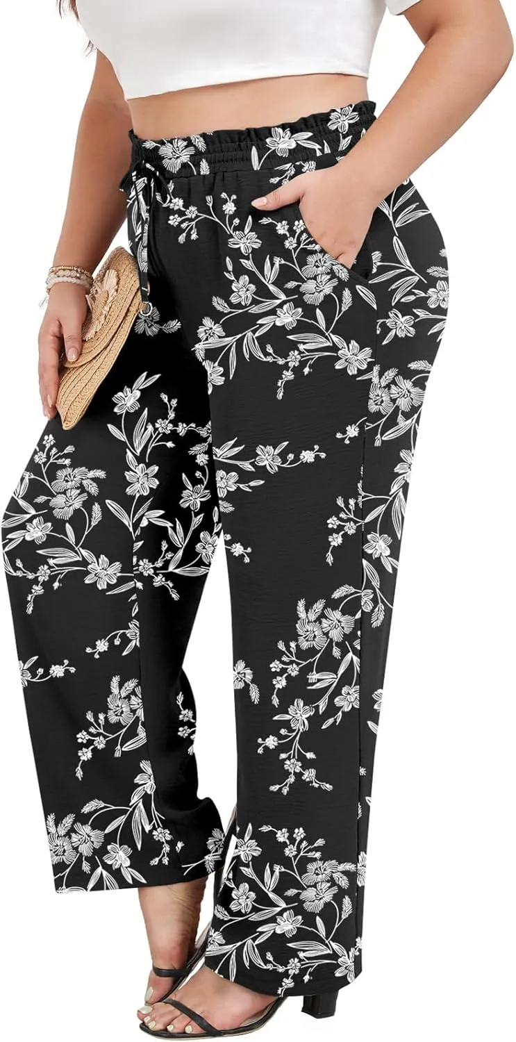 syoss Women's Plus Size Pants High Waist Adjustable Knot Lounge Pants Straight Long Trousers with Pockets