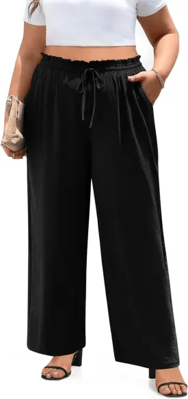 syoss Women's Plus Size Pants High Waist Adjustable Knot Lounge Pants Straight Long Trousers with Pockets