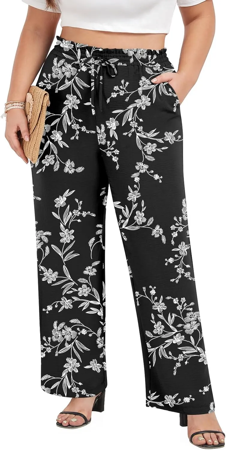 syoss Women's Plus Size Pants High Waist Adjustable Knot Lounge Pants Straight Long Trousers with Pockets
