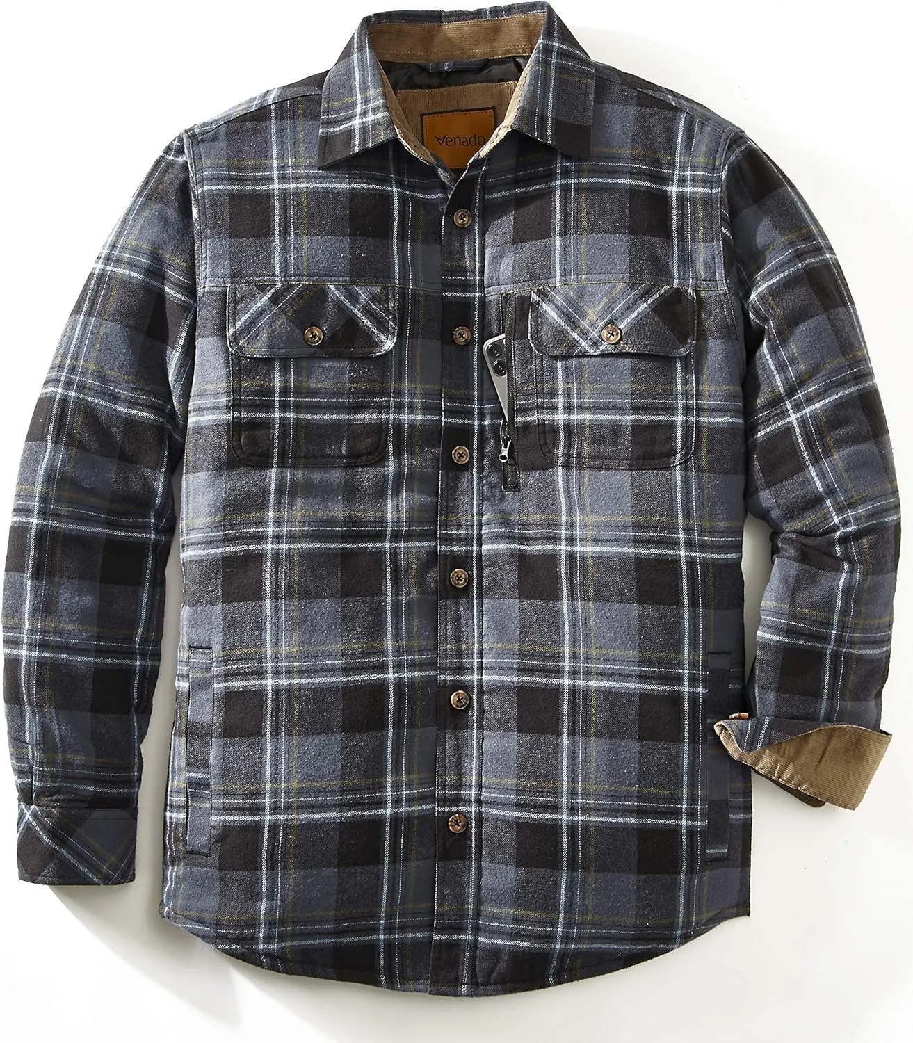 Venado Men's Plaid Shirt Jacket -Long Sleeved Quilt Lined Brushed Flannel Rugged Shirt