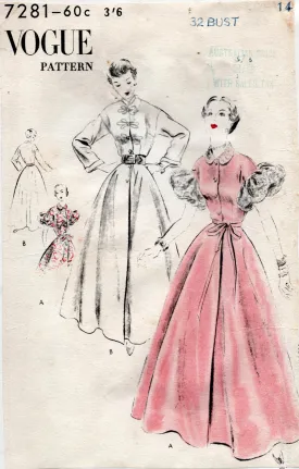 Vogue 7281 RARE Womens Puffy Sleeved Floor Length Lounging Coat 1950s Vintage Sewing Pattern Size 14 Bust 32 inches
