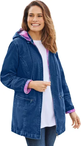 Woman Within Plus Size Flannel-Lined Denim Jacket Removable Hood Long Oversized Jean Coat