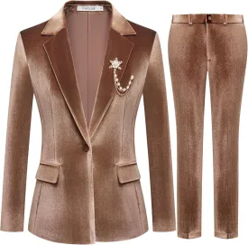 Women's 2 Piece Velvet Suit Notch Lapel One Button Slim Fit Business Party Wedding Tuxedo Blazer Pants Set