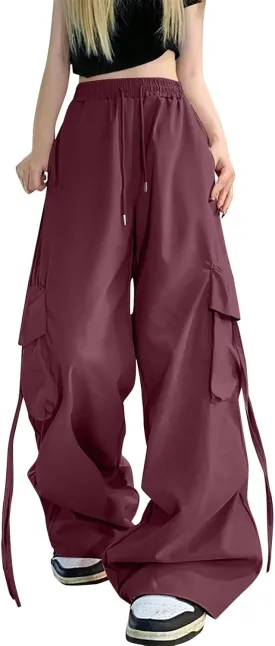 Womens Cargo Pants Baggy Parachute Pants Drawstring Elastic Waist Hiking Sweatpants Casual Streetwear Trousers with Pockets