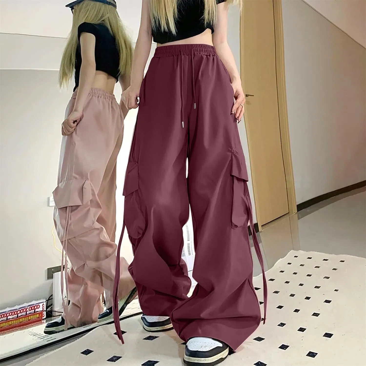 Womens Cargo Pants Baggy Parachute Pants Drawstring Elastic Waist Hiking Sweatpants Casual Streetwear Trousers with Pockets