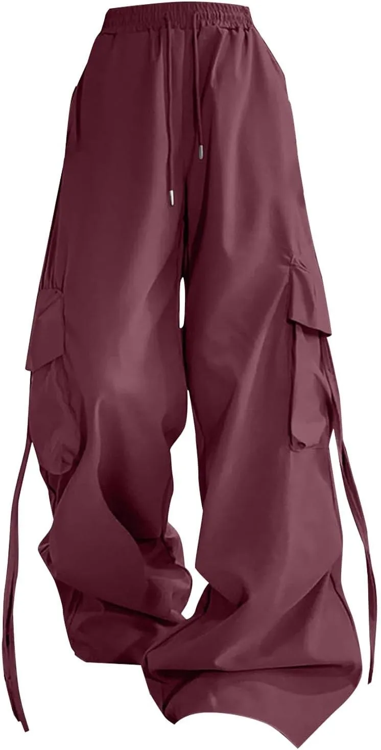 Womens Cargo Pants Baggy Parachute Pants Drawstring Elastic Waist Hiking Sweatpants Casual Streetwear Trousers with Pockets