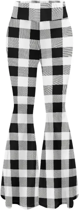 Women's High Waist Stretch Bell Bottom Slim-Fit Flare Leg Hippie Pants Cute Buffalo Plaid Stripes Leggings