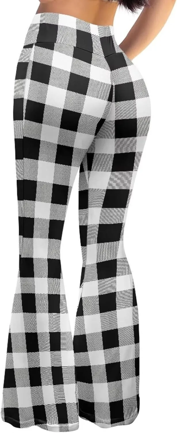 Women's High Waist Stretch Bell Bottom Slim-Fit Flare Leg Hippie Pants Cute Buffalo Plaid Stripes Leggings