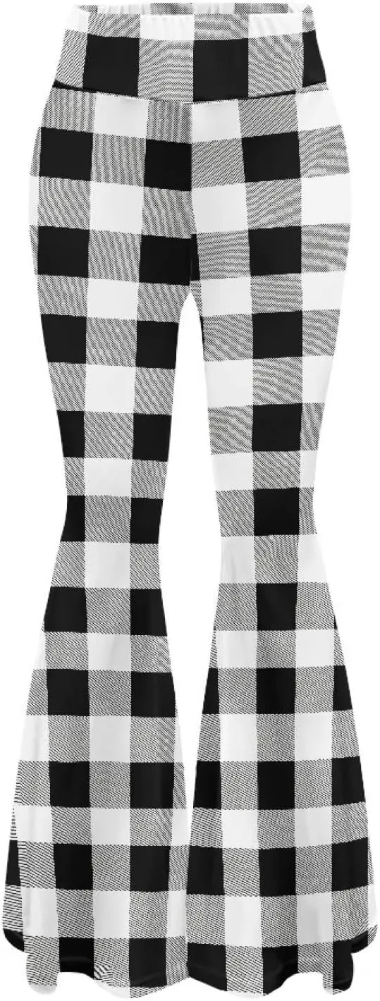 Women's High Waist Stretch Bell Bottom Slim-Fit Flare Leg Hippie Pants Cute Buffalo Plaid Stripes Leggings