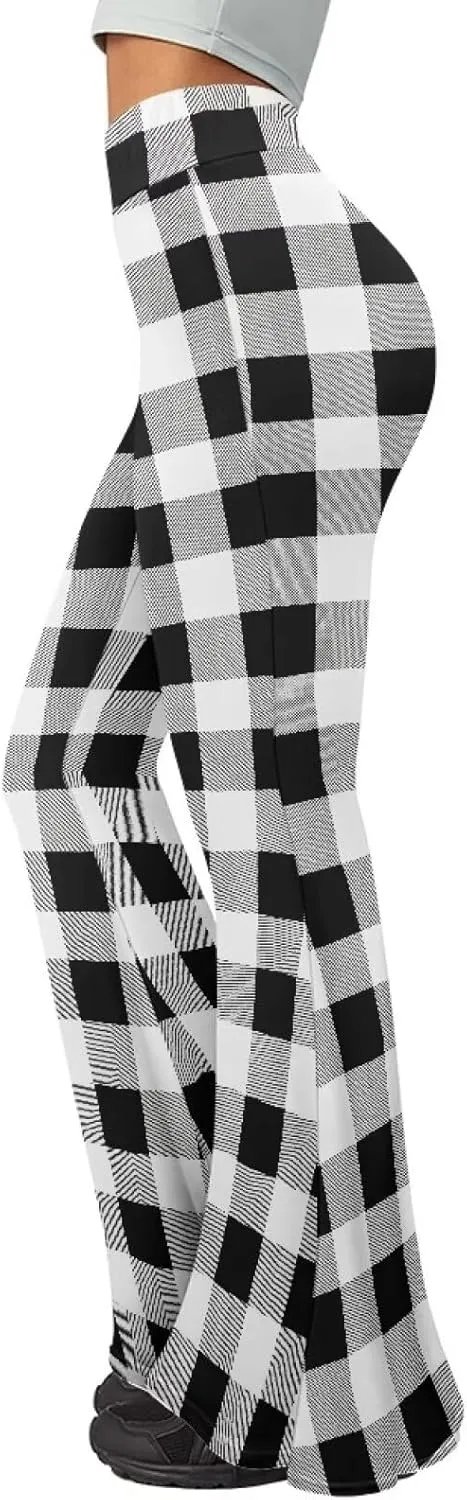 Women's High Waist Stretch Bell Bottom Slim-Fit Flare Leg Hippie Pants Cute Buffalo Plaid Stripes Leggings