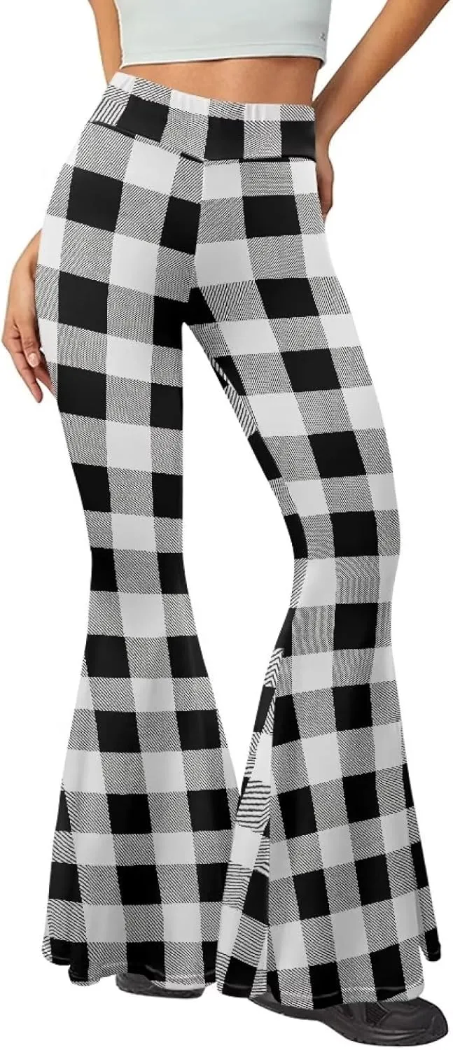 Women's High Waist Stretch Bell Bottom Slim-Fit Flare Leg Hippie Pants Cute Buffalo Plaid Stripes Leggings