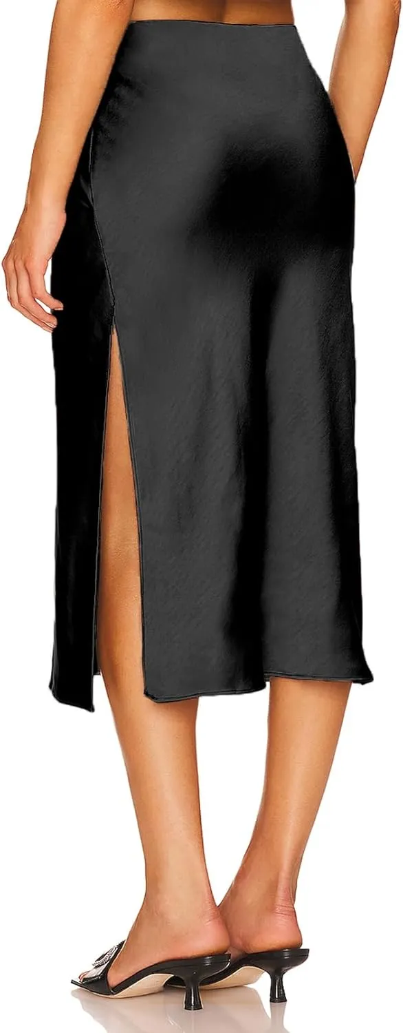 Womens High Waisted Satin Midi Skirts Elegant Flared A Line Elastic Waistband Silk Slit Skirt for Women