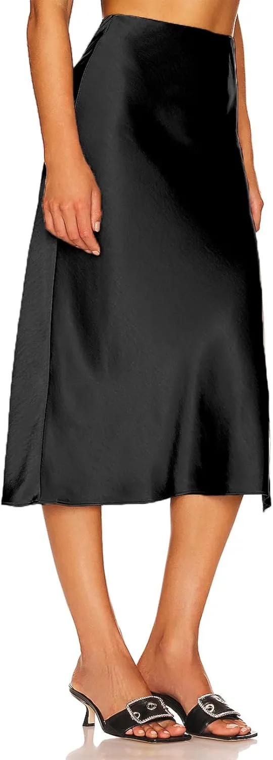 Womens High Waisted Satin Midi Skirts Elegant Flared A Line Elastic Waistband Silk Slit Skirt for Women