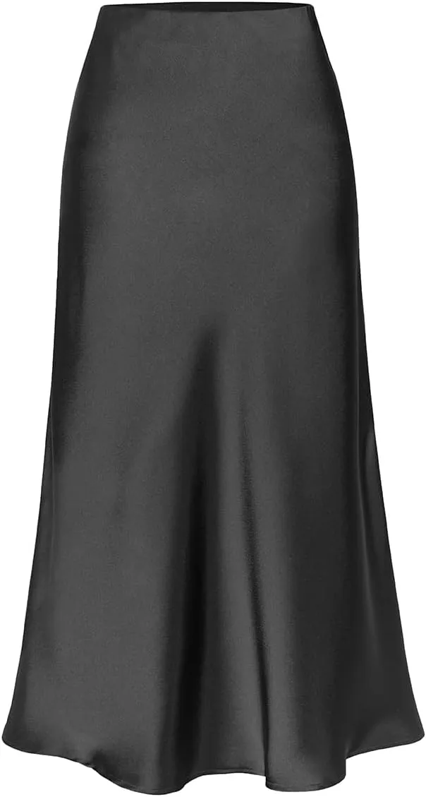 Womens High Waisted Satin Midi Skirts Elegant Flared A Line Elastic Waistband Silk Slit Skirt for Women
