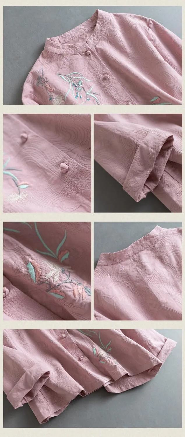 Women's Linen Traditional Retro Chinese Embroidered Frog Button Tops Mandarin Collar Blouse Long Sleeve Shirts Casual