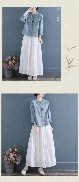 Women's Linen Traditional Retro Chinese Embroidered Frog Button Tops Mandarin Collar Blouse Long Sleeve Shirts Casual