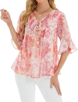 Women's Pink Floral Blouse, Suitable for Business Casual, with 3/4 Sleeves and a Loose fit.