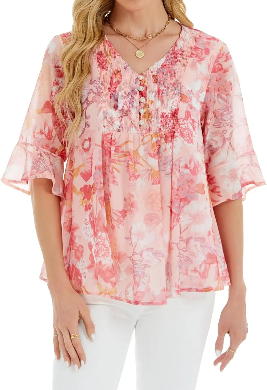 Women's Pink Floral Blouse, Suitable for Business Casual, with 3/4 Sleeves and a Loose fit.